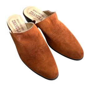 CHAMULA Suede Western Mule Clogs Cognac Brown Leather Slip On Shoes Handmade 8.5